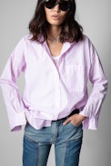 Camicia Tamara - Camicia in cotone rosa a righe con applicazione amour sulla schiena, donna. Reallizzato con fibre da agricoltura biologica