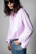 Camicia Tamara - Camicia in cotone rosa a righe con applicazione amour sulla schiena, donna. Reallizzato con fibre da agricoltura biologica