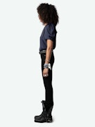 Top Twity Satin - Top in raso blu navy con colletto abbottonato, maniche corte a sbuffo, arricciature e volant.
