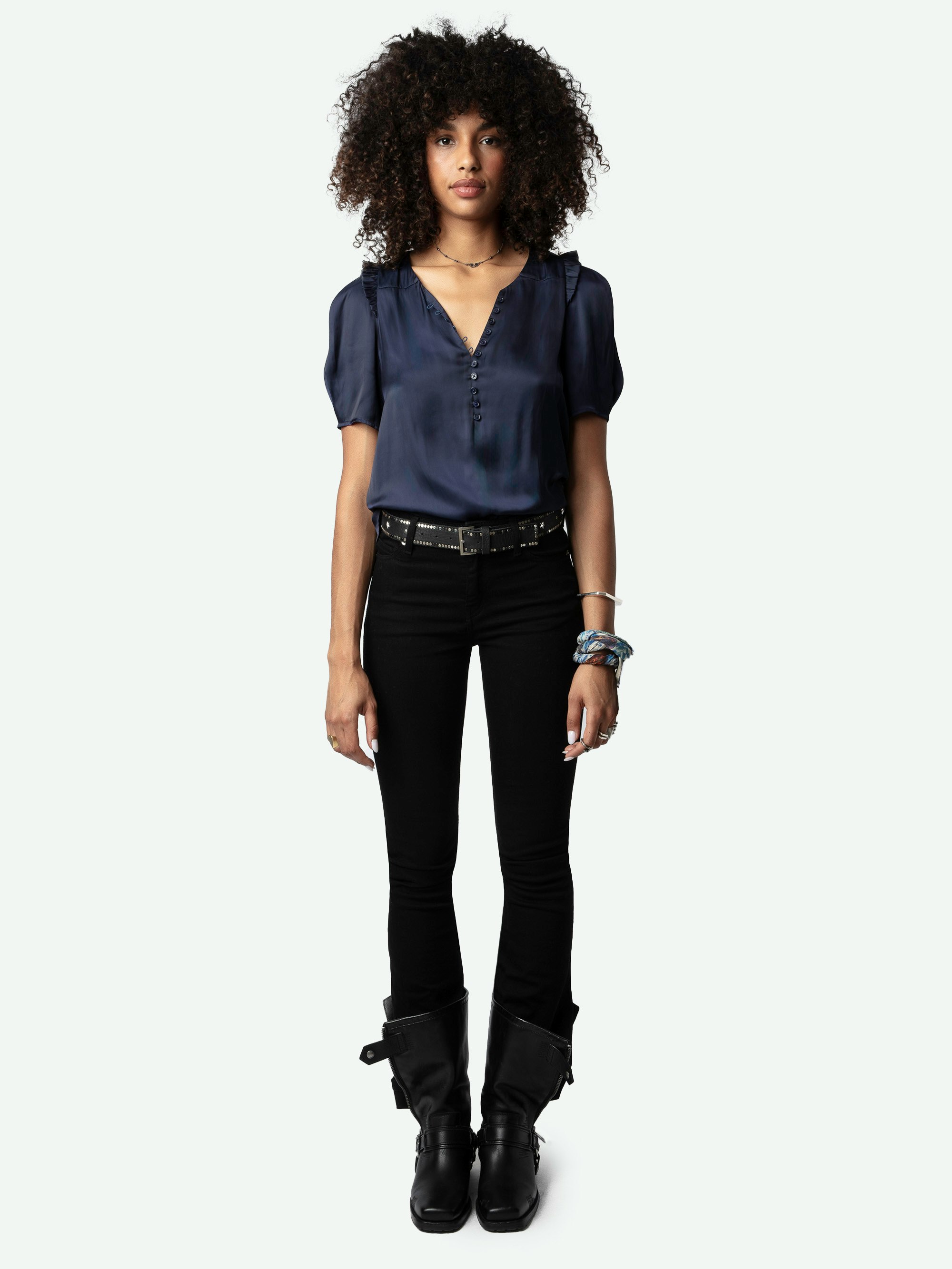 Twity Satin Top - Navy blue satin top with buttoned collar, short puffed sleeves, gathers and ruffles.