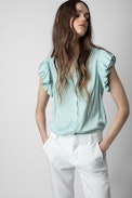 Tiza Satin Top - Women's sky blue satin top with short sleeves and ruffles.