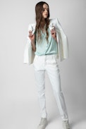 Tiza Satin Top - Women's sky blue satin top with short sleeves and ruffles.