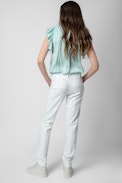 Tiza Satin Top - Women's sky blue satin top with short sleeves and ruffles.