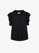 Top Tiza Raso - Top in raso nero a maniche corte con volant e arricciature.