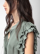 Tiza Satin Top - Khaki satin short-sleeved top with ruffles and gathers.