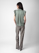 Tiza Satin Top - Khaki satin short-sleeved top with ruffles and gathers.