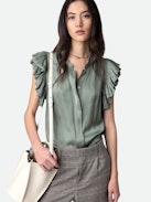 Tiza Satin Top - Khaki satin short-sleeved top with ruffles and gathers.