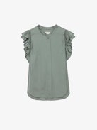 Tiza Satin Top - Khaki satin short-sleeved top with ruffles and gathers.