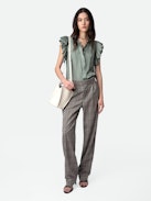 Tiza Satin Top - Khaki satin short-sleeved top with ruffles and gathers.