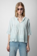 Tosea Top - Women's sky blue top with ruffles and lace strips