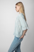 Tosea Top - Women's sky blue top with ruffles and lace strips