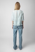 Tosea Top - Women's sky blue top with ruffles and lace strips