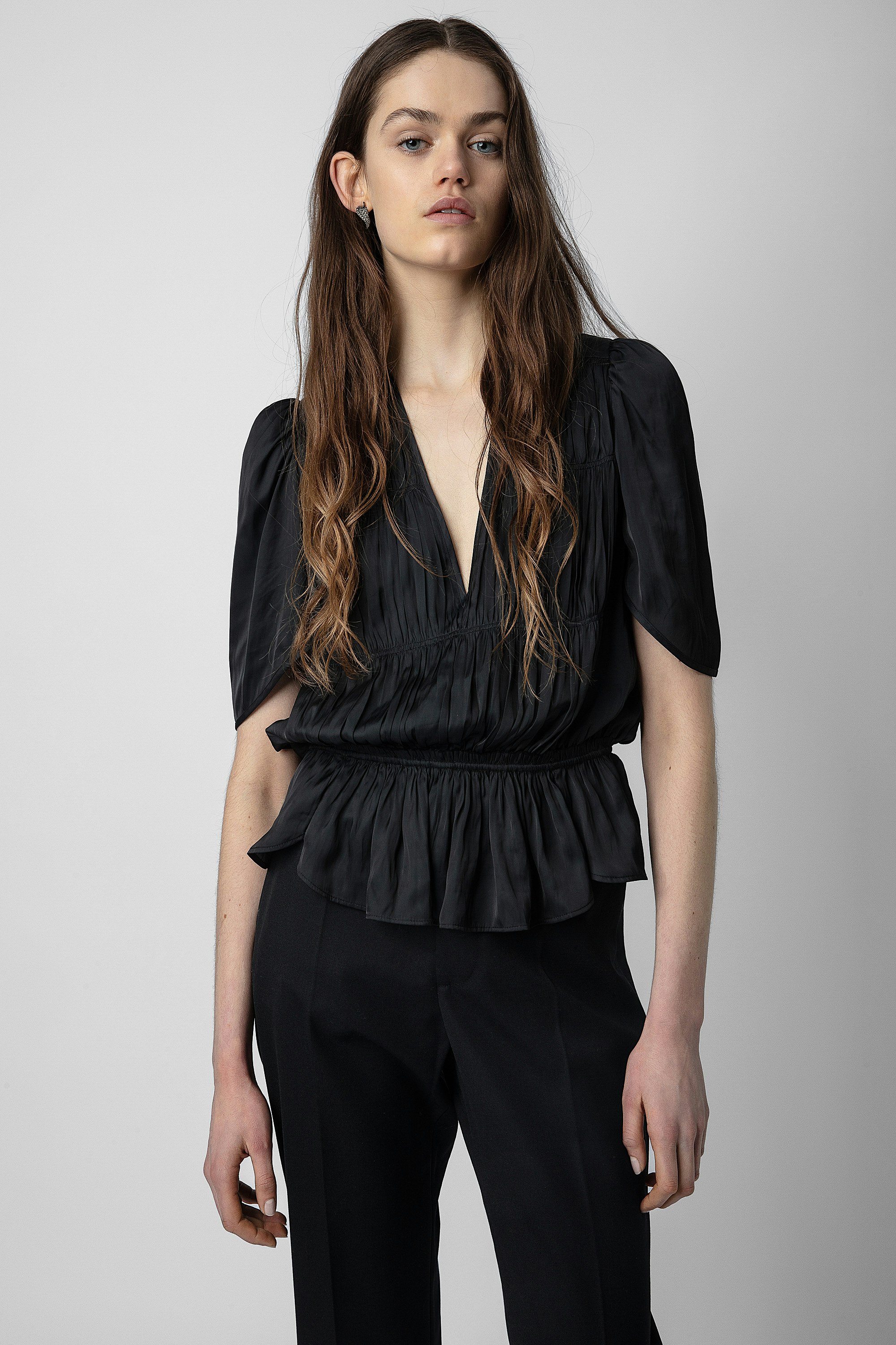 Tyoko Satin Top - Women's gathered black satin top with asymmetrical sleeves