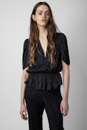 Tyoko Satin Top - Women's gathered black satin top with asymmetrical sleeves