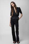 Tyoko Satin Top - Women's gathered black satin top with asymmetrical sleeves