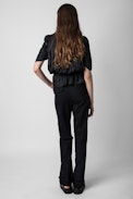 Tyoko Satin Top - Women's gathered black satin top with asymmetrical sleeves
