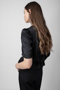 Tyoko Satin Top - Women's gathered black satin top with asymmetrical sleeves