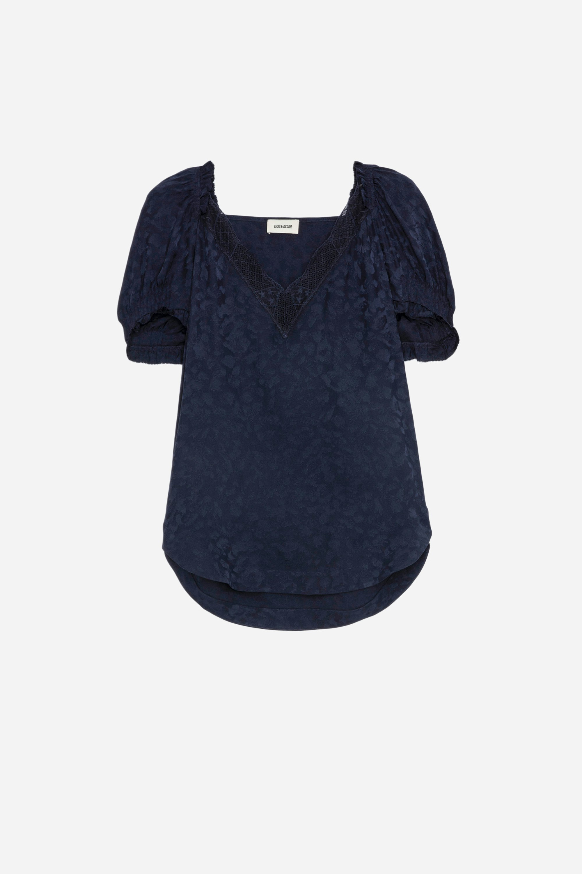Tasty Leopard Jacquard Shirt - Women's navy silk top featuring leopard jacquard and ruffled short sleeves.