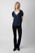 Tasty Leopard Jacquard Shirt - Women's navy silk top featuring leopard jacquard and ruffled short sleeves.