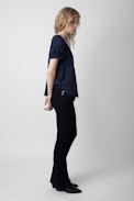 Tasty Leopard Jacquard Shirt - Women's navy silk top featuring leopard jacquard and ruffled short sleeves.