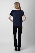 Tasty Leopard Jacquard Shirt - Women's navy silk top featuring leopard jacquard and ruffled short sleeves.