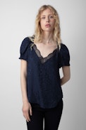 Tasty Leopard Jacquard Shirt - Women's navy silk top featuring leopard jacquard and ruffled short sleeves.
