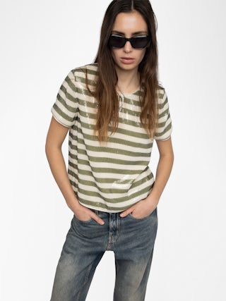 Top Tchao - Top tee-shirt en sequins imprimés esprit marinière.