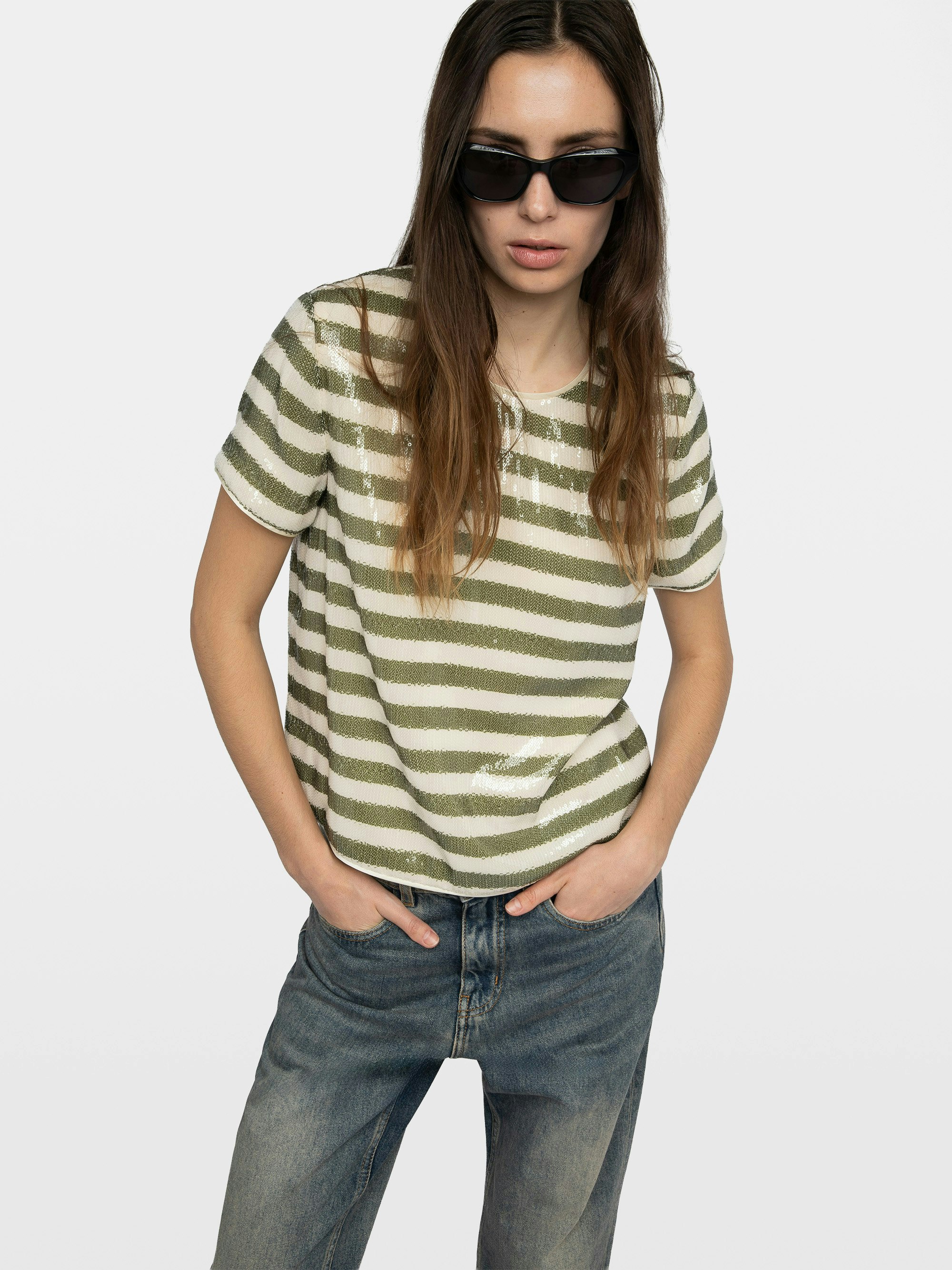 Tchao Top - T-shirt top with printed sequins in marinière style.