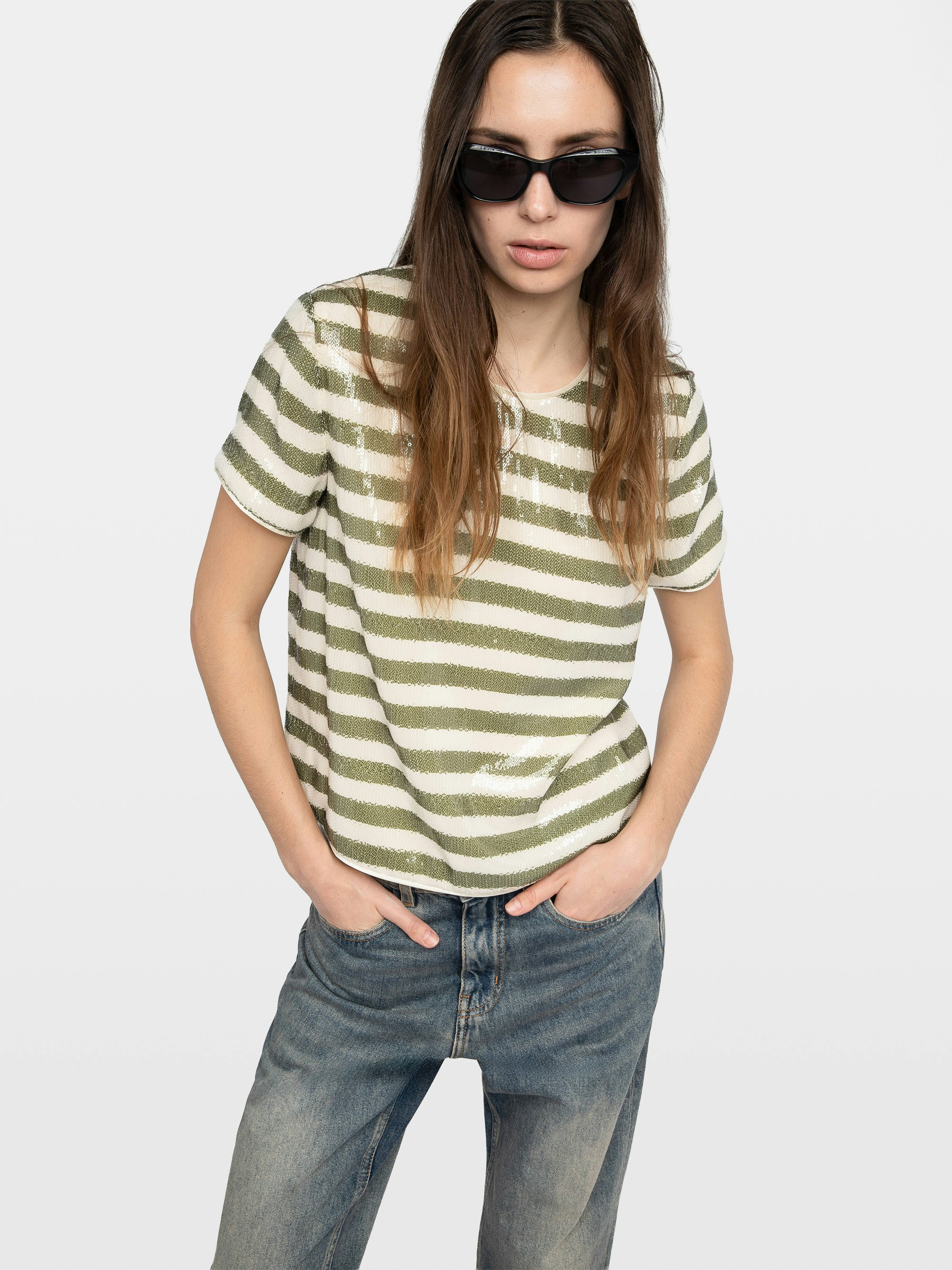 Tchao Top - T-shirt top with printed sequins in marinière style.