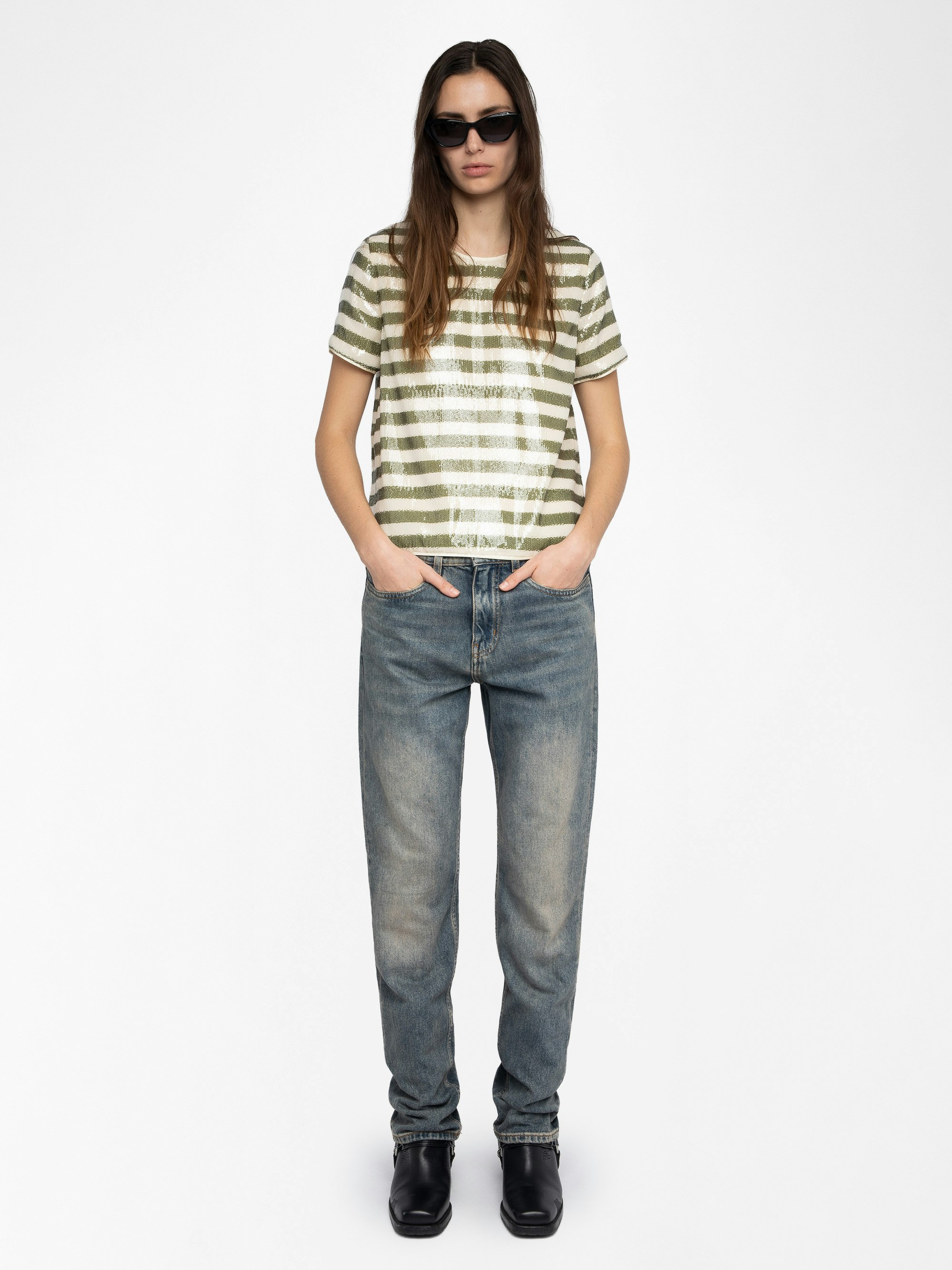 Top Tchao - Top camiseta con lentejuelas estampadas estilo marinero.