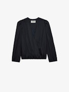 Tyfon Satin Top - Women’s draped black satin wrap cropped top.
