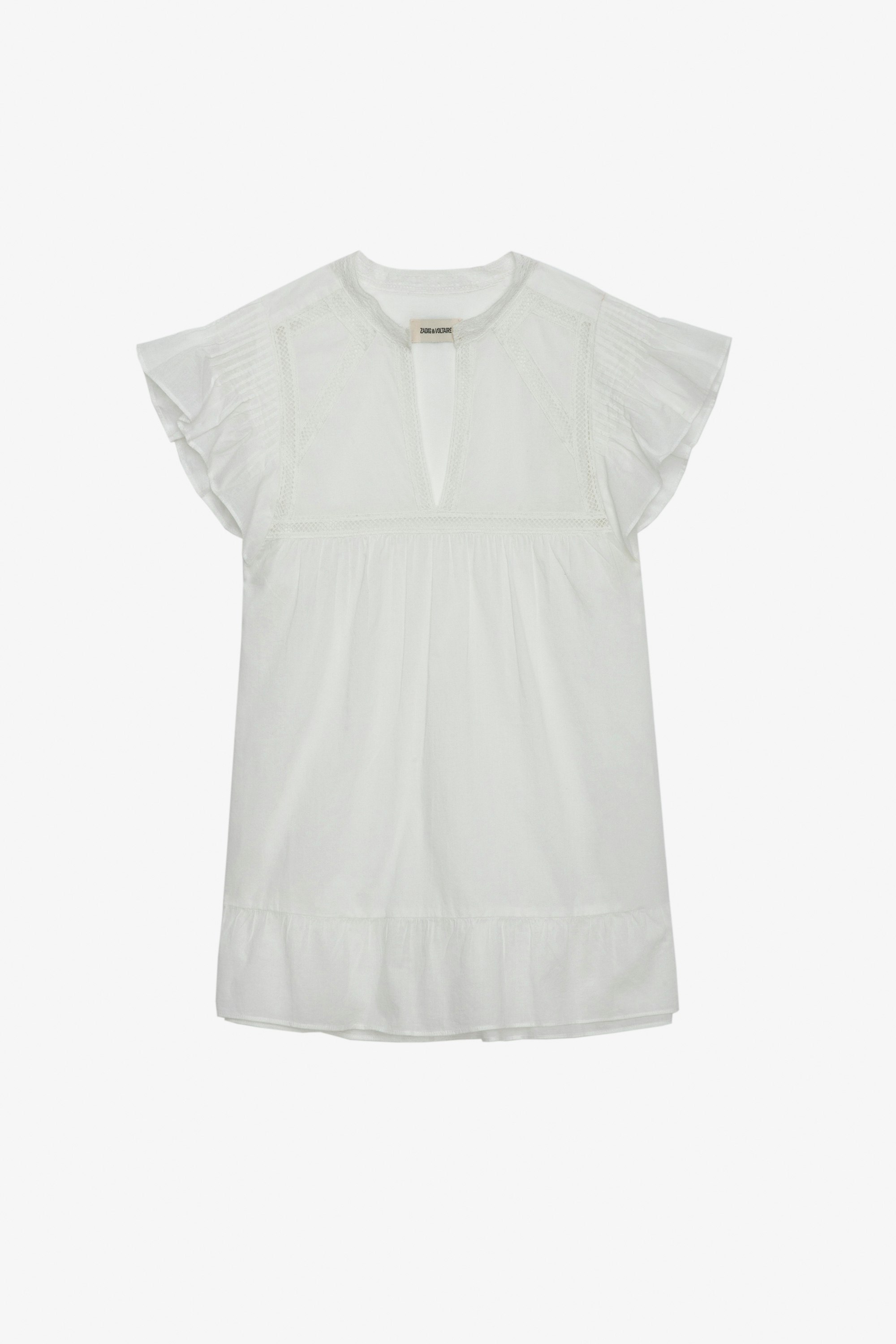 Tolded Top - White cotton short-sleeved top with ruffles and laces.