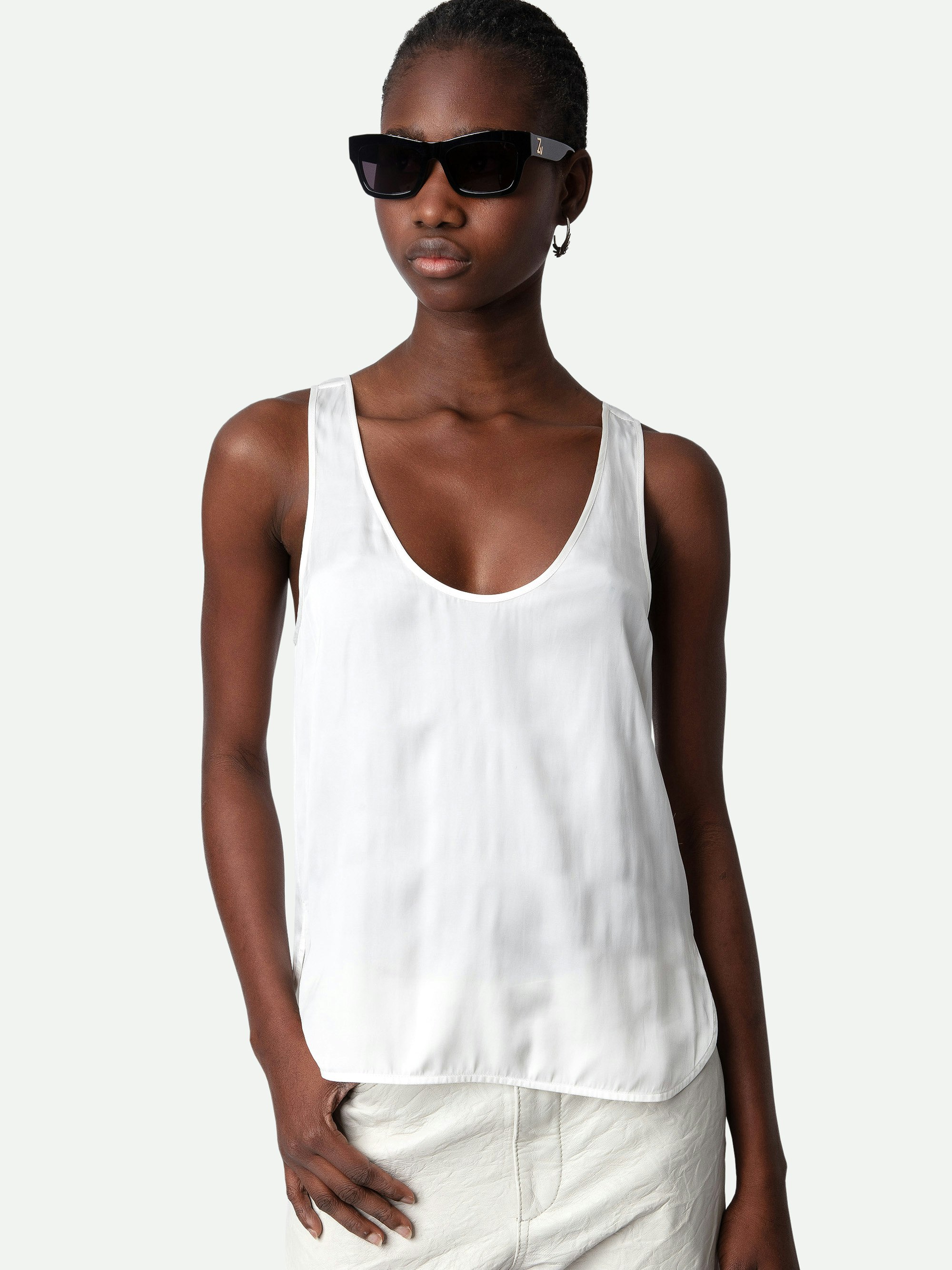 Carys Satin Top - White satin round-neck top with cutaway shoulders.