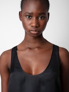 Carys Satin Top - Black satin round-neck top with cutaway shoulders.