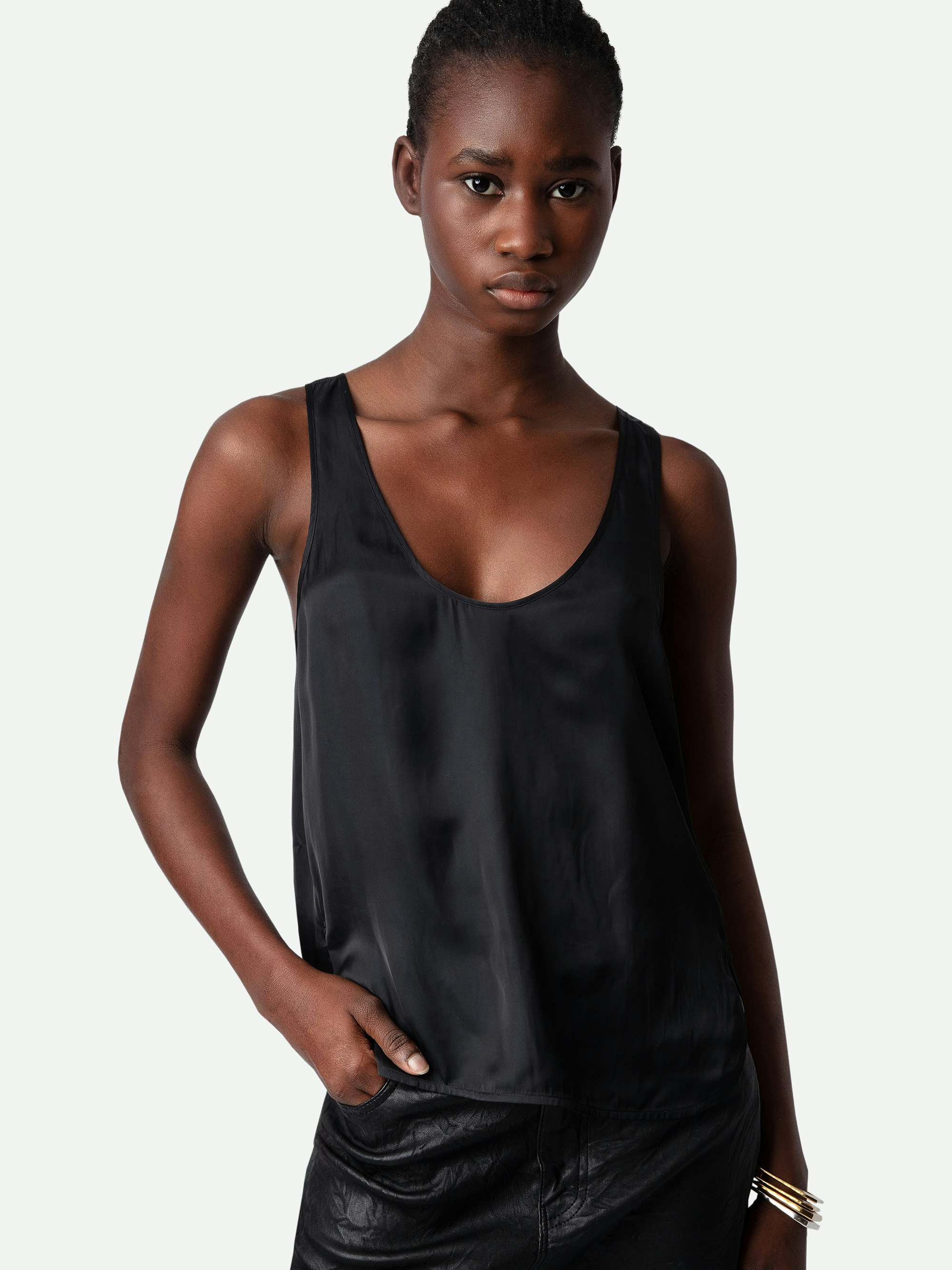 Carys Satin Top - Black satin round-neck top with cutaway shoulders.