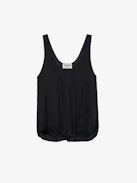 Carys Satin Top - Black satin round-neck top with cutaway shoulders.