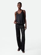 Carys Satin Top - Black satin round-neck top with cutaway shoulders.