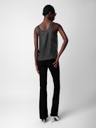 Top Carys Strass Seide - Schwarzes Top aus Seide mit Rundhalsausschnitt, amerikanischen Armausschnitten und Strass.