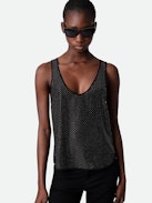 Top Carys Strass Seide - Schwarzes Top aus Seide mit Rundhalsausschnitt, amerikanischen Armausschnitten und Strass.