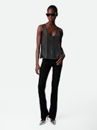 Top Carys Strass Seide - Schwarzes Top aus Seide mit Rundhalsausschnitt, amerikanischen Armausschnitten und Strass.