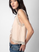 Top de Seda Topzy Strass - Top de seda sin mangas de estilo lencero en color rosa palo para anudar, adornado con encaje y strass.