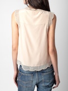 Top de Seda Topzy Strass - Top de seda sin mangas de estilo lencero en color rosa palo para anudar, adornado con encaje y strass.