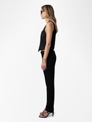 Waistcoat Emaux Satin - Sleeveless V-neck button-up waistcoat-style black satin top.