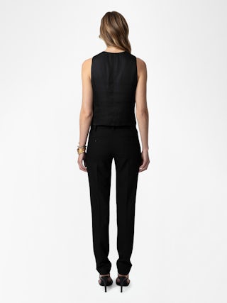 Waistcoat Emaux Satin - Sleeveless V-neck button-up waistcoat-style black satin top.