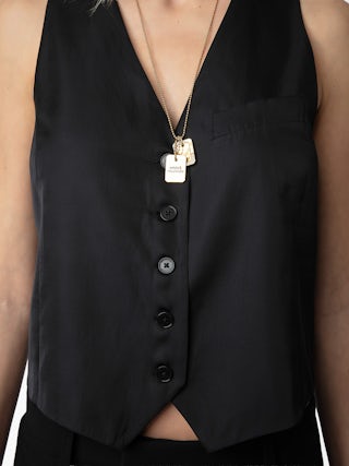 Waistcoat Emaux Satin - Sleeveless V-neck button-up waistcoat-style black satin top.