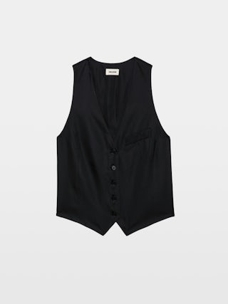 Chaleco Emaux Satén - Top tipo chaqueta sin mangas de satén negro, con escote de pico y cierre abotonado.