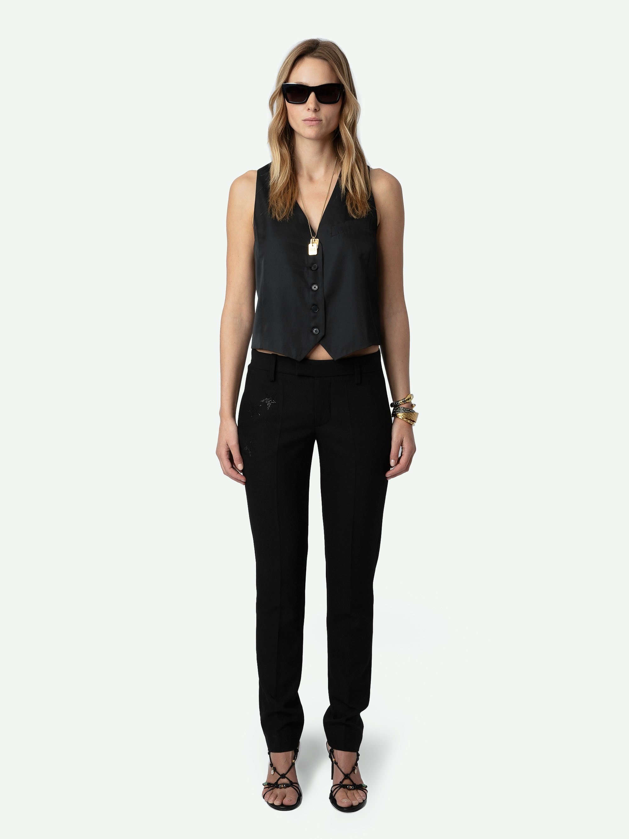 Emaux Satin Top - Sleeveless V-neck button-up waistcoat-style black satin top.