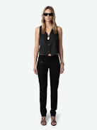 Emaux Satin Vest - Sleeveless V-neck button-up black satin vest.