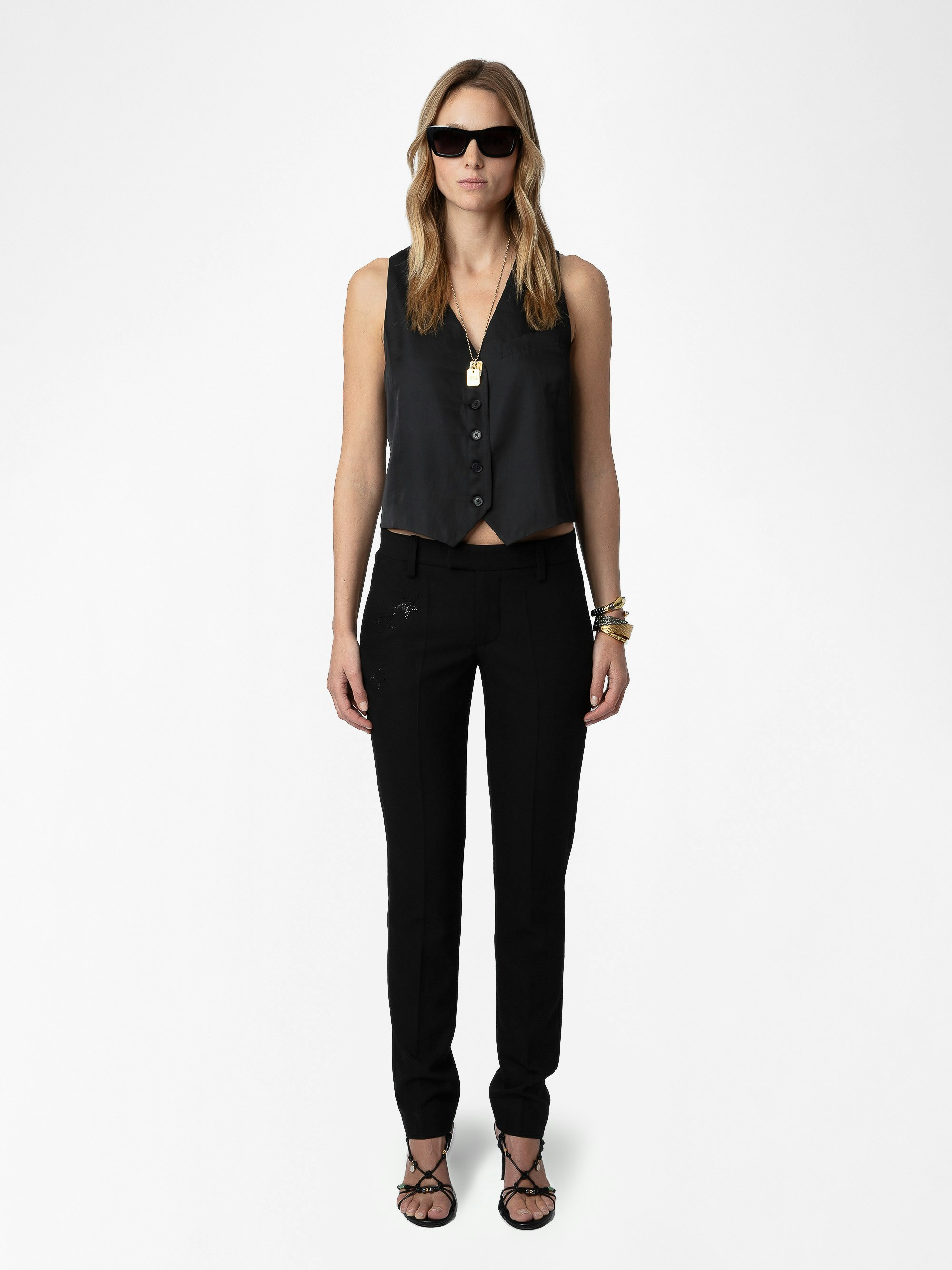 Waistcoat Emaux Satin - Sleeveless V-neck button-up waistcoat-style black satin top.