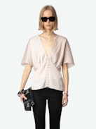 Thodri Satin Top - Powder pink satin top with short butterfly sleeves, V neckline and button fastening with diamanté jewel.